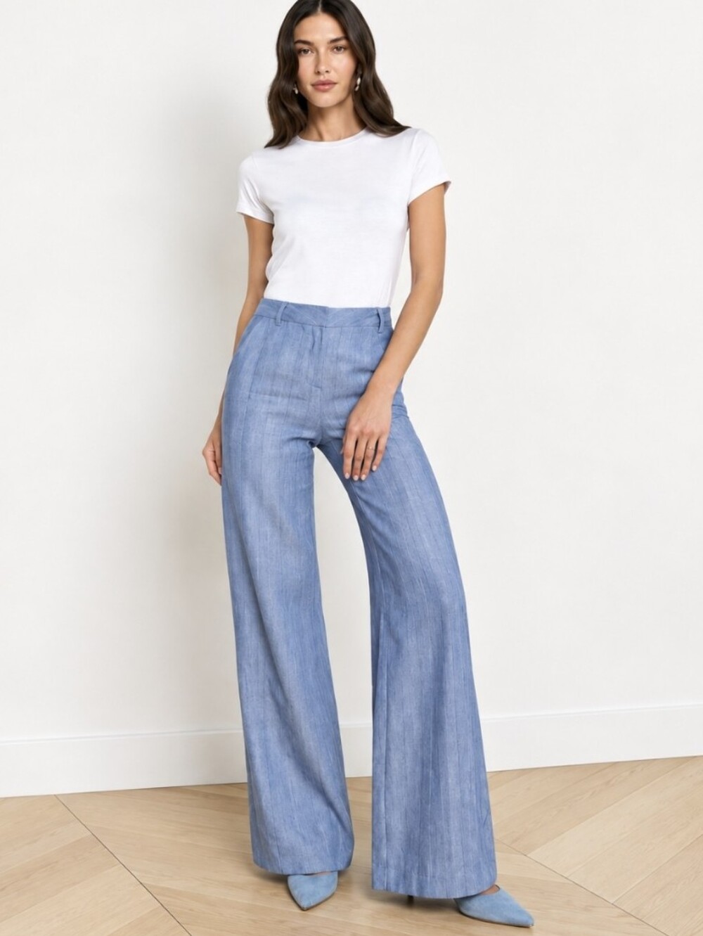 L' Agence Livvy Pinstripe Straight Wide Leg Trousers Blue Pants Womens Sz 8 $450